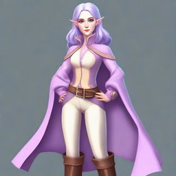 A tall, pale-skinned high-elf woman with Rapunzel-like light blue hair and grey eyes