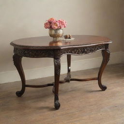 An antique rosewood table with elegant, hand-carved details. The table has a polished finish and is set against a background of a vintage setting.