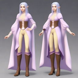 A tall, pale-skinned high-elf woman with Rapunzel-like light blue hair and grey eyes