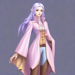 A tall, pale-skinned high-elf woman with Rapunzel-like light blue hair and grey eyes