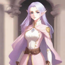 Anime portrait of a tall, pale-skinned high-elf woman with Rapunzel-like light blue hair and grey eyes