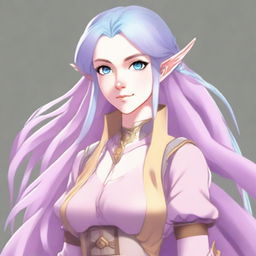 Anime portrait of a tall, pale-skinned high-elf woman with Rapunzel-like light blue hair and grey eyes