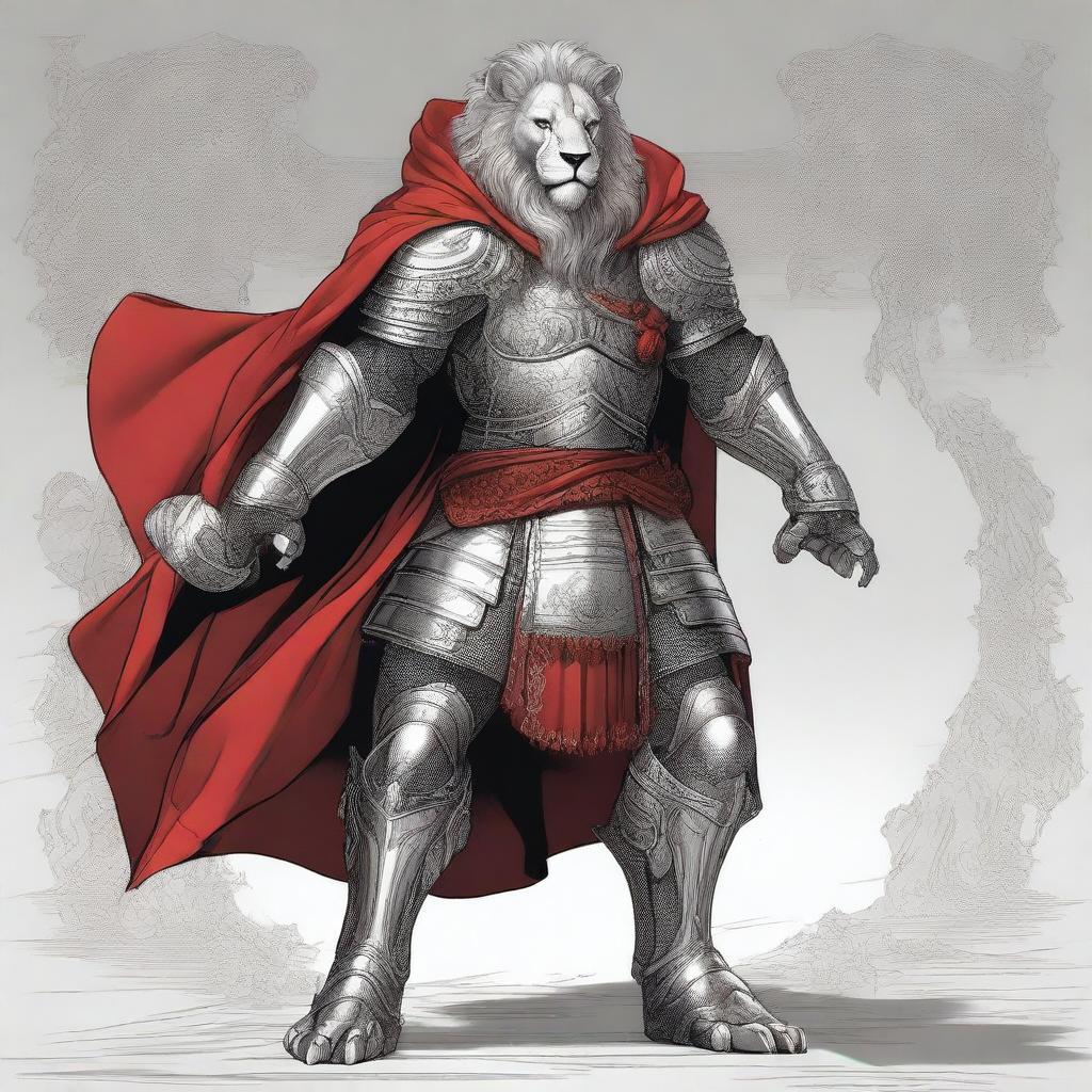 A detailed illustration of a Leonin fighter, a lion-like humanoid, wearing silver plated armor and a red cape