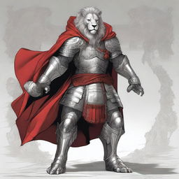 A detailed illustration of a Leonin fighter, a lion-like humanoid, wearing silver plated armor and a red cape