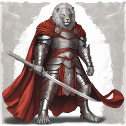 A detailed illustration of a Leonin fighter, a lion-like humanoid, wearing silver plated armor and a red cape