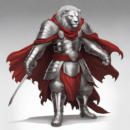 A detailed illustration of a Leonin fighter, a lion-like humanoid, wearing silver plated armor and a red cape