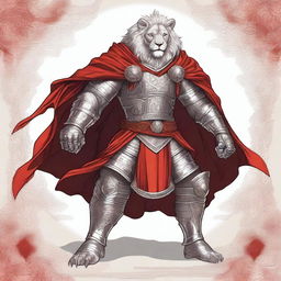 A detailed illustration of a Leonin fighter, a lion-like humanoid, wearing silver plated armor and a red cape