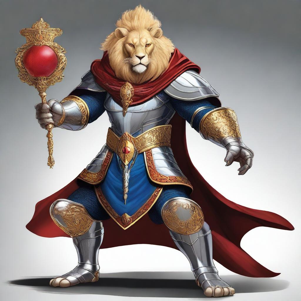 A detailed illustration of a Leonin fighter, a lion-like humanoid, with blue eyes