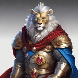 A detailed illustration of a Leonin fighter, a lion-like humanoid, with blue eyes