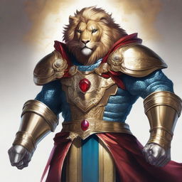 A detailed illustration of a Leonin fighter, a lion-like humanoid, with blue eyes