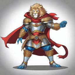 A detailed illustration of a Leonin fighter, a lion-like humanoid, with blue eyes