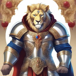 A detailed illustration of a Leonin fighter, a lion-like humanoid, with blue eyes