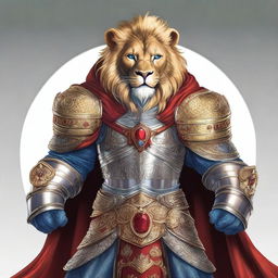 A detailed illustration of a Leonin fighter, a lion-like humanoid, with blue eyes