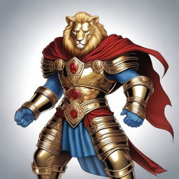 A detailed illustration of a Leonin fighter, a lion-like humanoid, with blue eyes