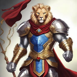 A detailed illustration of a Leonin fighter, a lion-like humanoid, with blue eyes