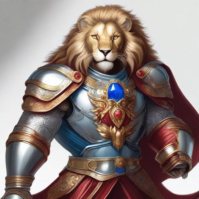 A detailed illustration of a Leonin fighter, a lion-like humanoid, with blue eyes