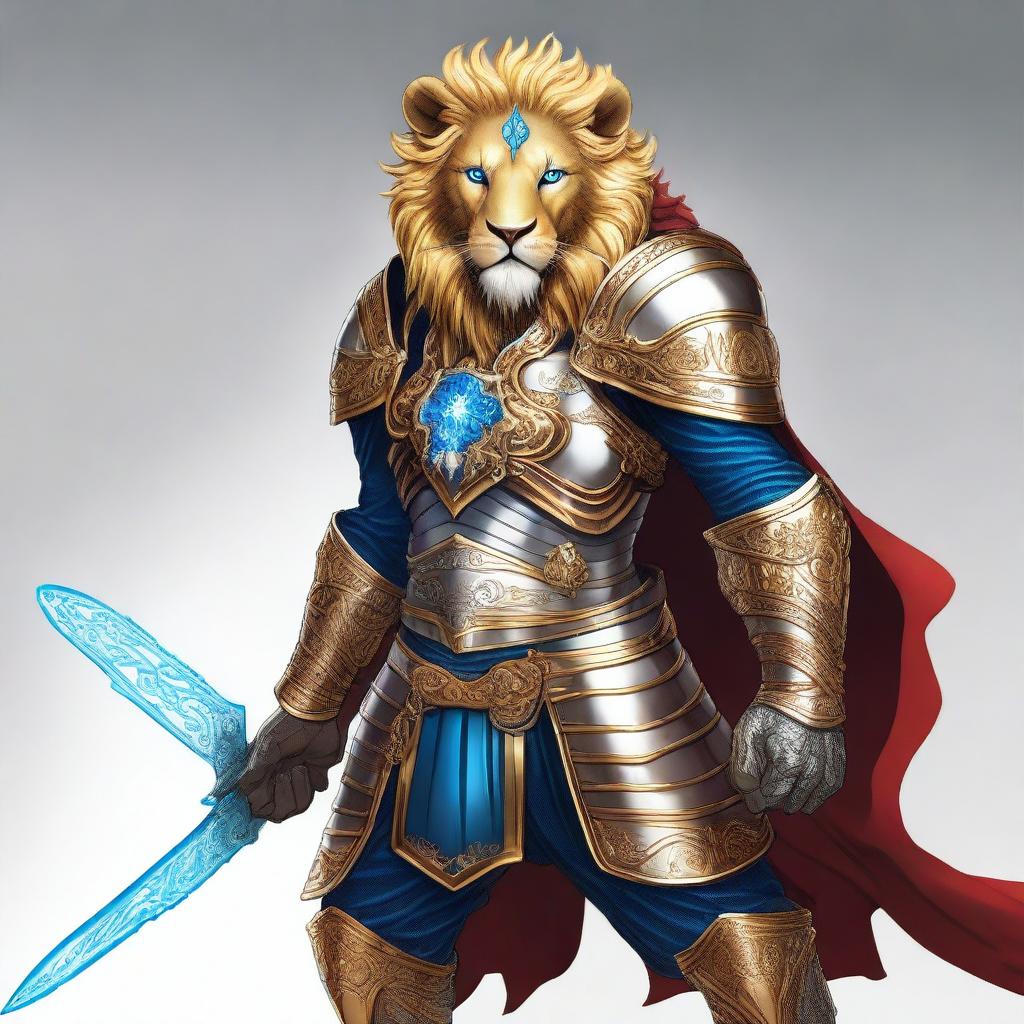 A detailed illustration of a Leonin fighter, a lion-like humanoid, with blue eyes