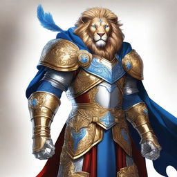 A detailed illustration of a Leonin fighter, a lion-like humanoid, with blue eyes