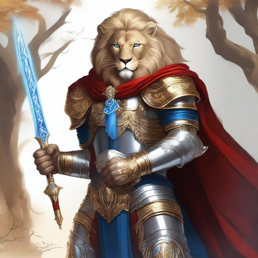 A detailed illustration of a Leonin fighter, a lion-like humanoid, with blue eyes