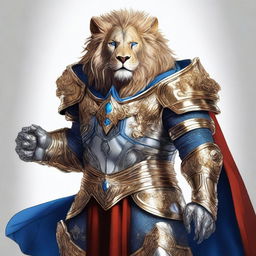 A detailed illustration of a Leonin fighter, a lion-like humanoid, with blue eyes