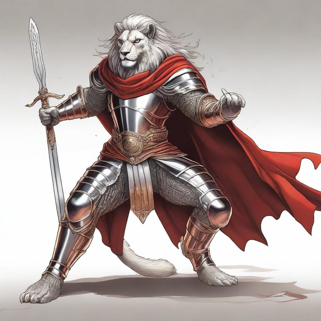 A detailed illustration of a tall anthropomorphic lion fighter