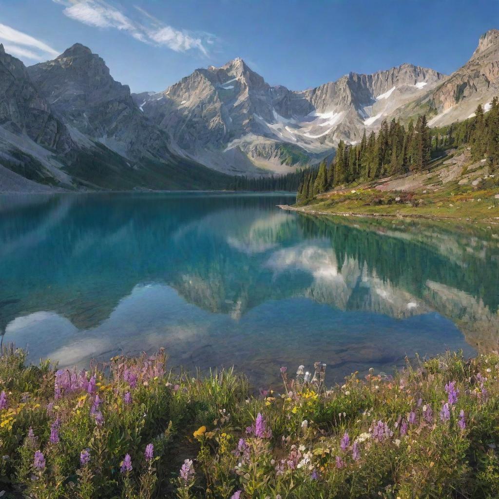 A serene, sunlit landscape studded with towering mountains and dotted with wildflowers in bloom. At the center, a sparkling, crystal-clear lake mirrors the heavens above.