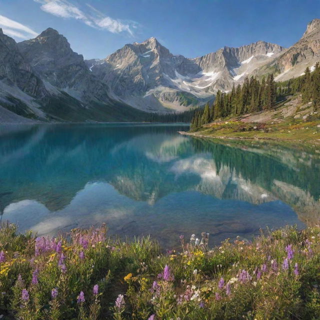 A serene, sunlit landscape studded with towering mountains and dotted with wildflowers in bloom. At the center, a sparkling, crystal-clear lake mirrors the heavens above.