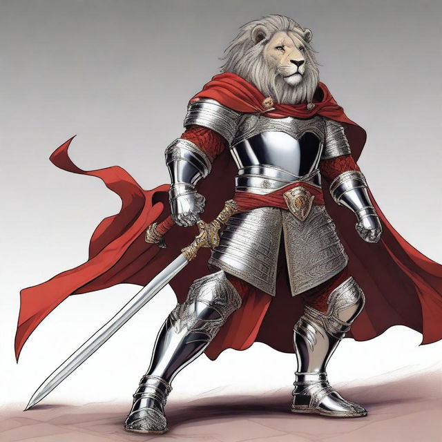 A detailed illustration of a tall anthropomorphic lion fighter