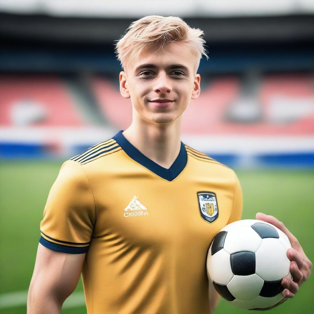 A portrait of a 20-years-old man with short blond hair and hazel eyes, standing in the middle of a football stadium and holding a football ball