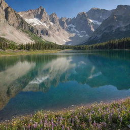 A serene, sunlit landscape studded with towering mountains and dotted with wildflowers in bloom. At the center, a sparkling, crystal-clear lake mirrors the heavens above.