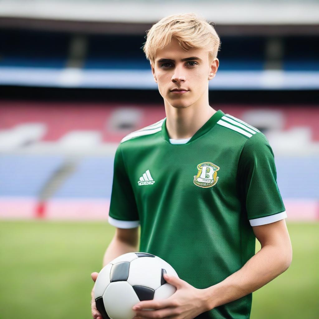 A portrait of a 20-years-old man with short blond hair and hazel eyes, standing in the middle of a football stadium and holding a football ball