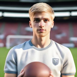 A portrait of a 20-years-old man with short blond hair and hazel eyes, standing in the middle of a football stadium and holding a football ball