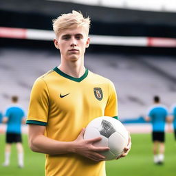 A portrait of a 20-years-old man with short blond hair and hazel eyes, standing in the middle of a football stadium and holding a football ball