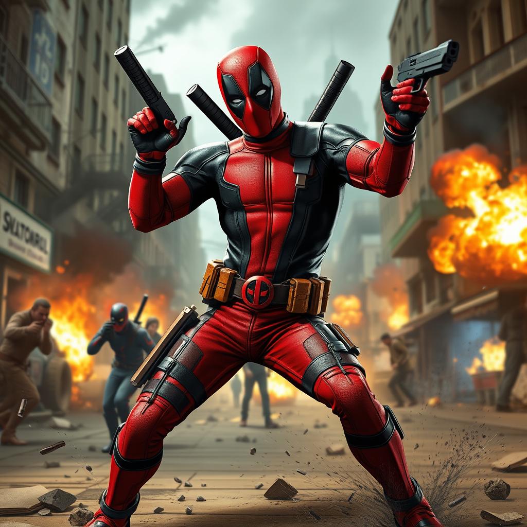 A high-energy and action-packed scene featuring Deadpool, the wise-cracking anti-hero, in a dynamic pose