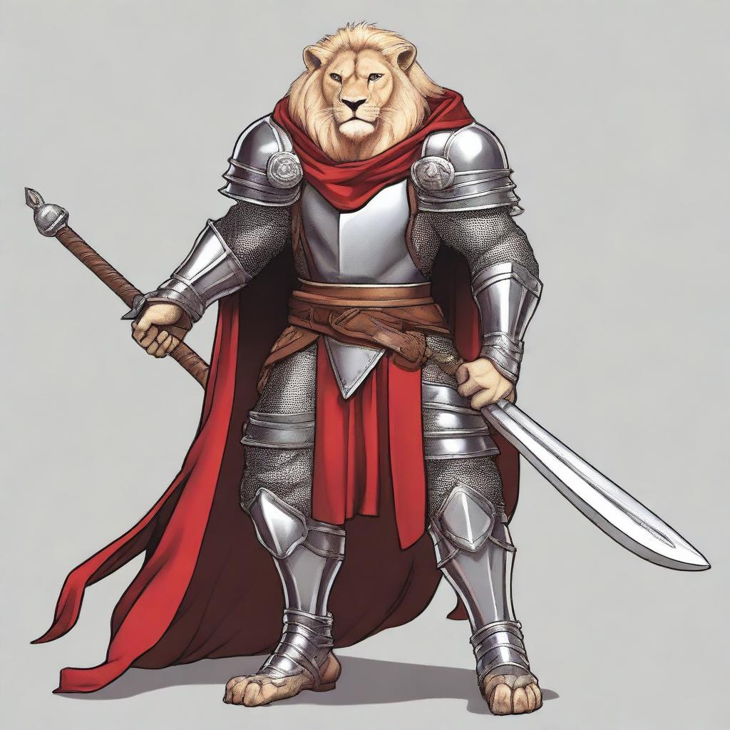 A detailed illustration of a tall, anthropomorphic lion fighter with ash blonde fur