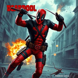 A high-energy and action-packed scene featuring Deadpool, the wise-cracking anti-hero, in a dynamic pose