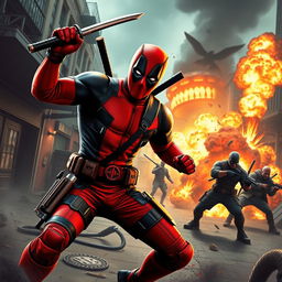 A high-energy and action-packed scene featuring Deadpool, the wise-cracking anti-hero, in a dynamic pose