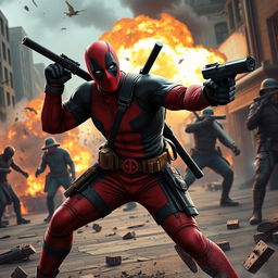 A high-energy and action-packed scene featuring Deadpool, the wise-cracking anti-hero, in a dynamic pose