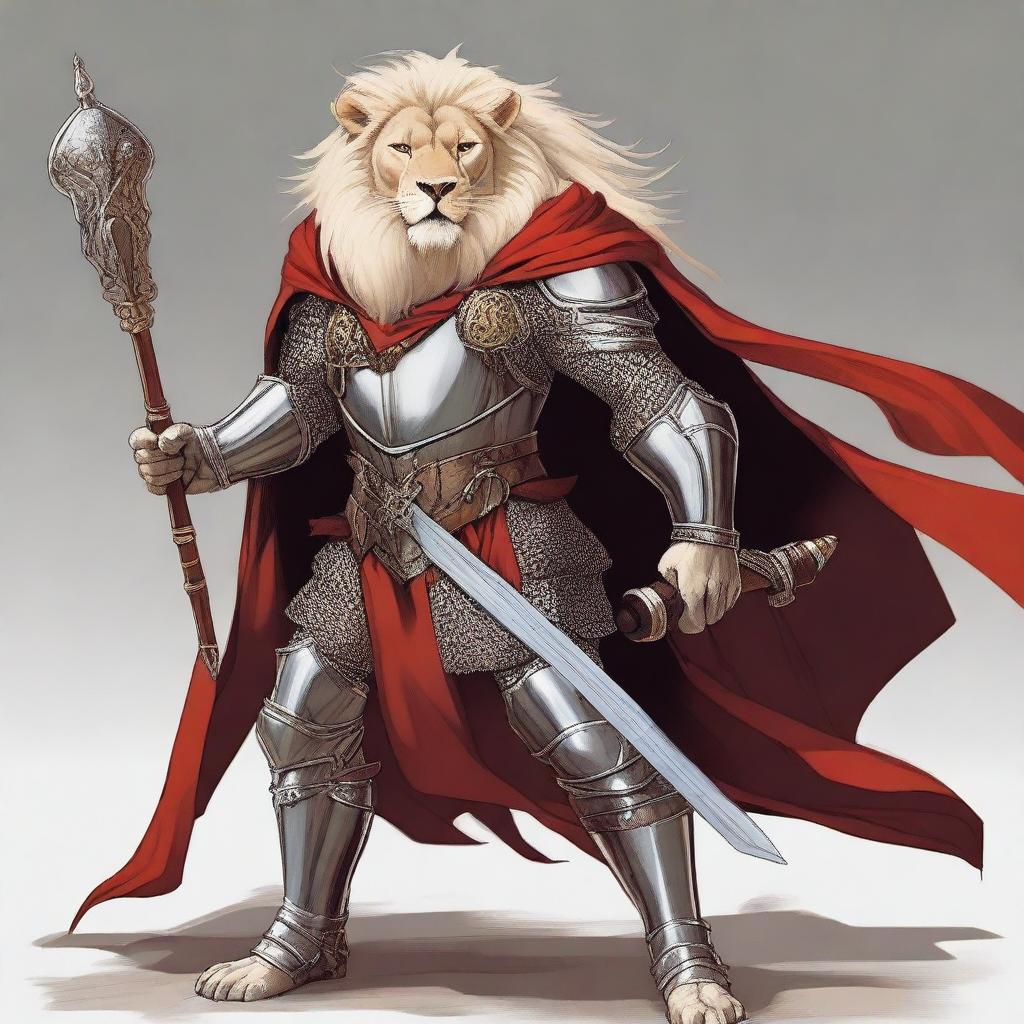 A detailed illustration of a tall, anthropomorphic lion fighter with ash blonde fur