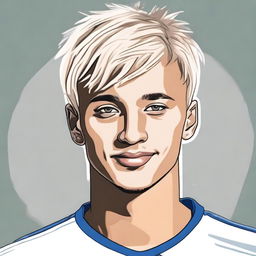 A portrait of a 20-year-old boy with very short blond hair and brown eyes