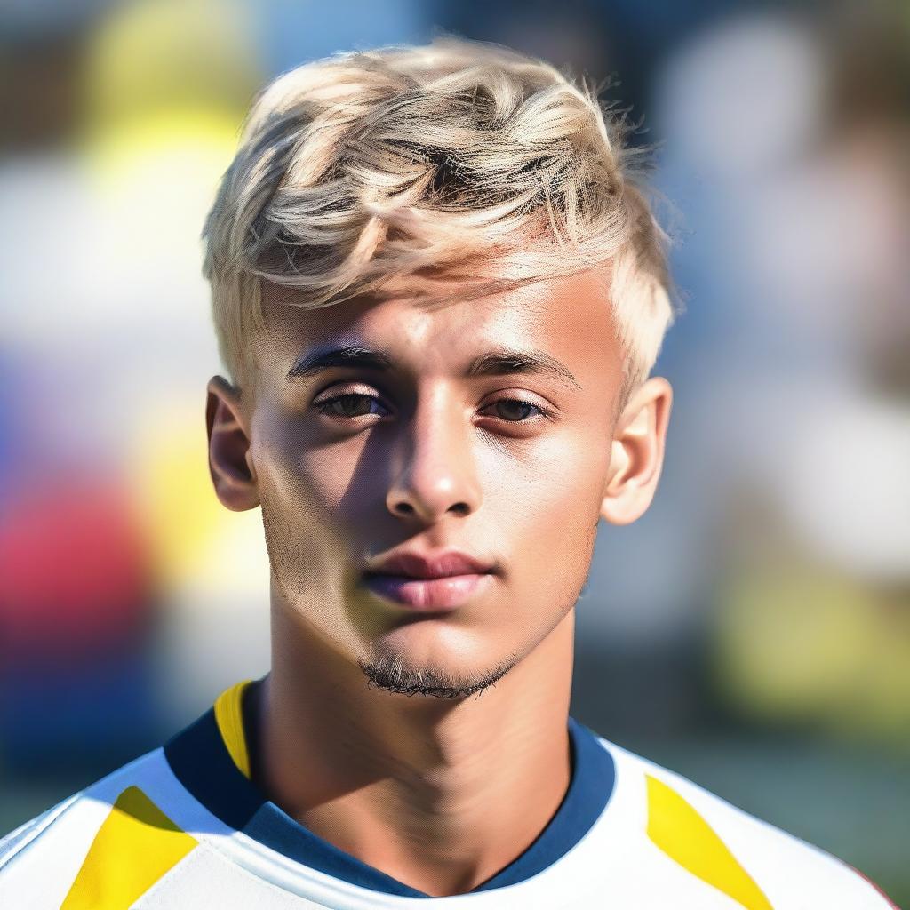 A portrait of a 20-year-old boy with very short blond hair and brown eyes