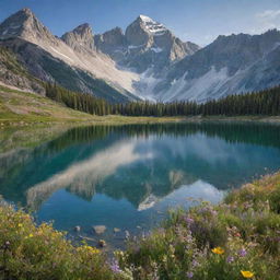 A serene, sunlit landscape studded with towering mountains and dotted with wildflowers in bloom. At the center, a sparkling, crystal-clear lake mirrors the heavens above.