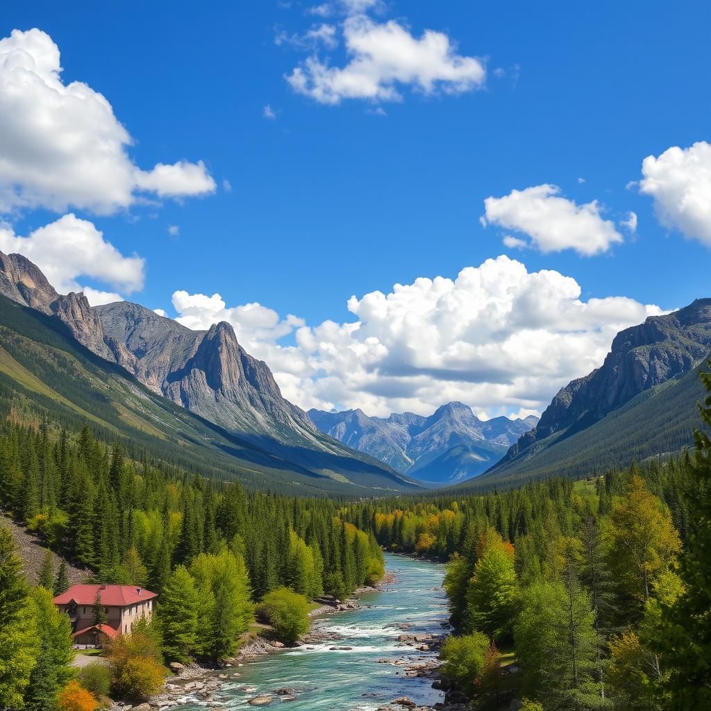 A beautiful landscape with mountains, a river flowing through a forest, and a clear blue sky with fluffy white clouds