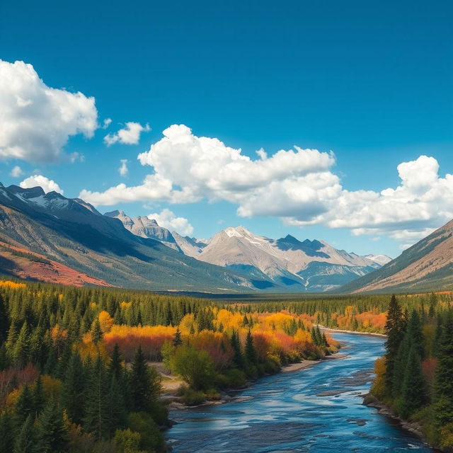 A beautiful landscape with mountains, a river flowing through a forest, and a clear blue sky with fluffy white clouds