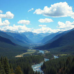 A beautiful landscape with mountains, a river flowing through a forest, and a clear blue sky with fluffy white clouds