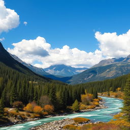 A beautiful landscape with mountains, a river flowing through a forest, and a clear blue sky with fluffy white clouds