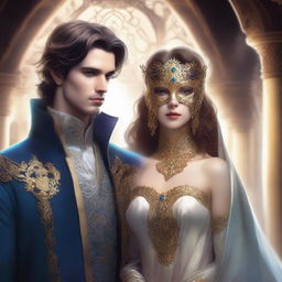 A torn-shaped opening in the fabric of reality, revealing a handsome masked prince standing confidently alongside a young woman