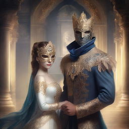 A torn-shaped opening in the fabric of reality, revealing a handsome masked prince standing confidently alongside a young woman