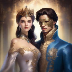 A torn-shaped opening in the fabric of reality, revealing a handsome masked prince standing confidently alongside a young woman