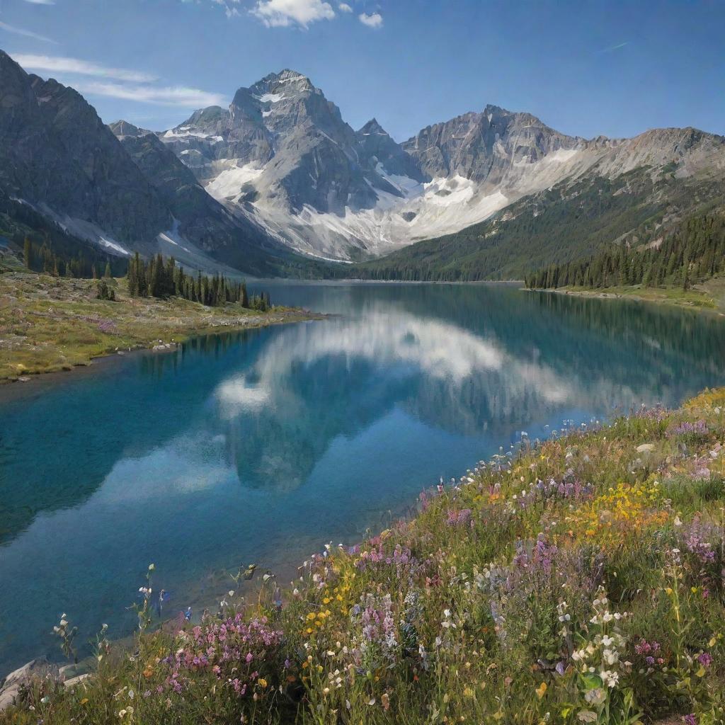 A serene, sunlit landscape studded with towering mountains and dotted with wildflowers in bloom. At the center, a sparkling, crystal-clear lake mirrors the heavens above.